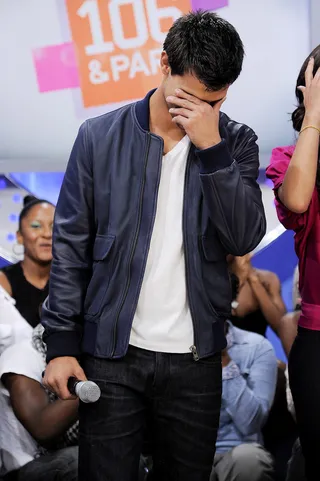 SMH - Taylor Lautner gets a little embarrassed at BET's 106 &amp; Park. (Photo: John Ricard / BET)