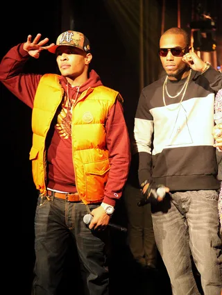 Salute - T.I. and B.o.B. performing at&nbsp;106 &amp; Party, December 31, 2012. (Photo: Randy Smith / BET)