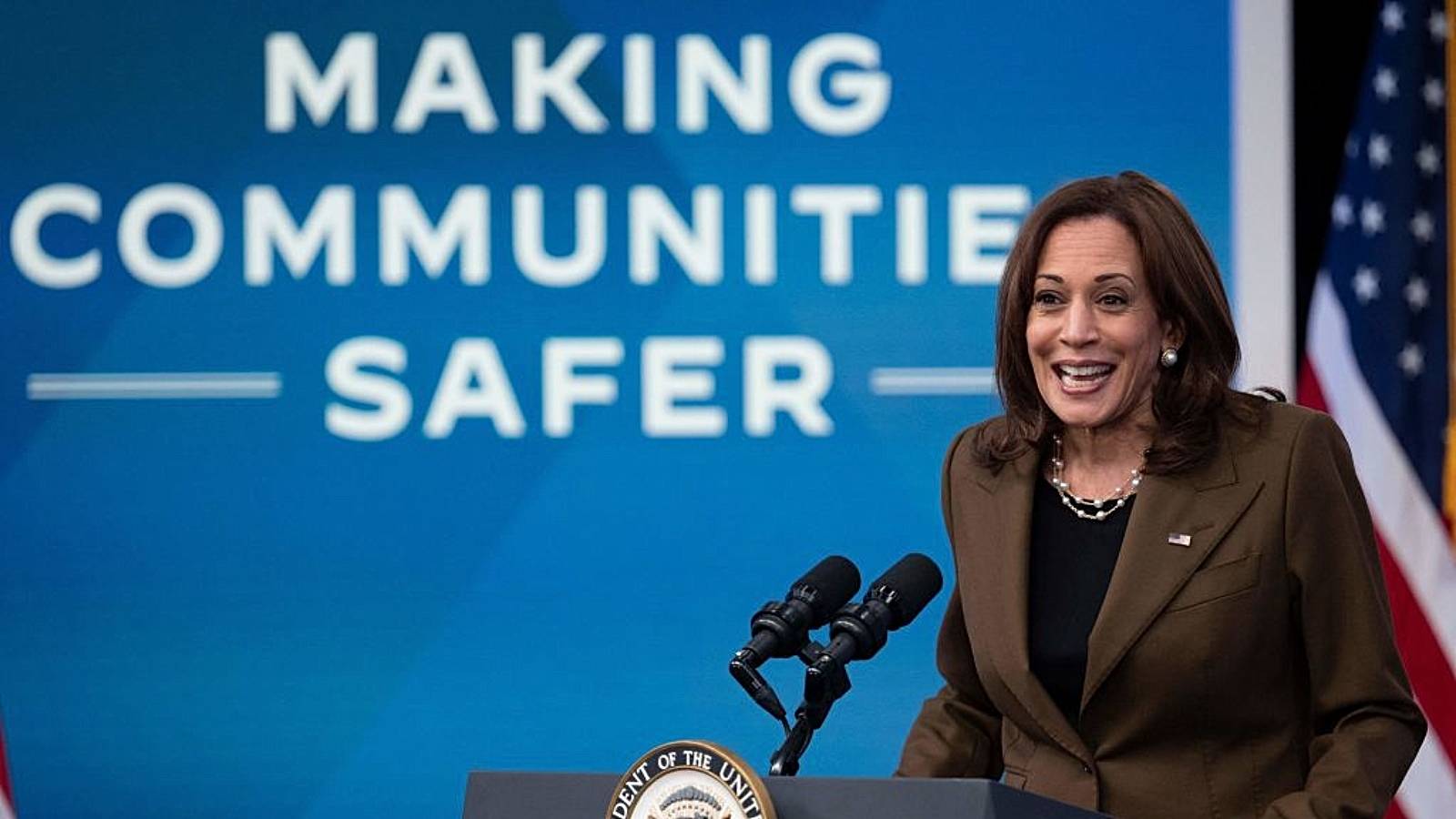 US Vice President Kamala Harris provides an update on the Biden-Harris Administrations actions to improve public safety in all communities during an event in the South Court Auditorium of the Eisenhower Executive Office Building, next to the White House, in Washington, DC, on March 16, 2022.
