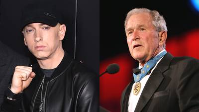 Eminem Gets Shady With Bush - Slim Shady wasn't feeling Bush's war over oil and rhymed on &quot;Mosh&quot;: &quot;Stomp, push shove, mush / F**k Bush until they bring our troops home.&quot;(Photos from left: Dimitrios Kambouris/Getty Images, Adam Bettcher/Getty Images for the Starkey Hearing Foundation)