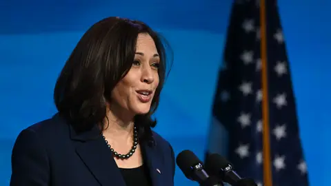 US Vice President-elect Kamala Harris speaks after US President-elect Joe Biden nominated their economic and jobs team at The Queen theater January 8, 2021 in Wilmington, Delaware. - Biden and Harris announced on January 8, 2021 the following nominees for their economic and jobs team: for Secretary of Commerce, Rhode Island Governor Gina Raimondo; for Secretary of Labor, Boston Mayor Marty Walsh; for Small Business Administrator, California official Isabel Guzman; and for Deputy Secretary of Commerce, Biden's former counselor Don Graves. (Photo by JIM WATSON / AFP) (Photo by JIM WATSON/AFP via Getty Images)