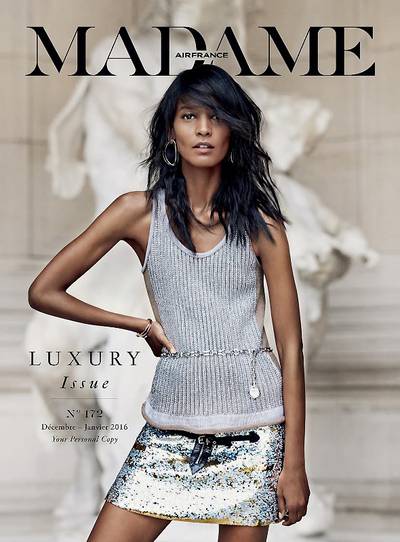 Liya Kebede on Madame AirFrance - The Ethiopian-born model is the picture of French girl cool in a knit tank and sequin skirt while posing for the magazine's Luxury Issue.  (Photo: Madame AirFrance Magazine, December 2015/January 2016)