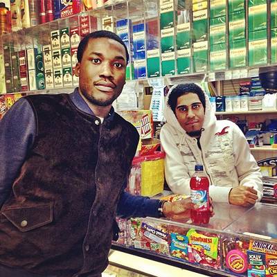 Meek Mill @meekmill - Philly rapper Meek Mill stays true to his roots. The MMG MC catches up with his old homie at a cornerstore back home. (Photo: Instagram via Meek Mill)