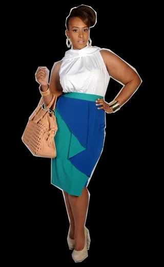 Look 2 - YOUTHEARY KHMER: COLOR BLOCK SKIRT/ JIBRI: WHITE SLEEVELESS BLOUSE/ RJ GRAZIANO: JEWELRY/ REPORT SIGNITURE: PUMPS/ FASHION TO FIGURE: BAG  (Photo: Brad Barket/Getty Images for BET)