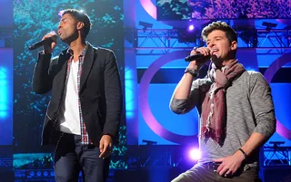 Battle of the Falsettos\r - Eric Benet and Robin Thicke rehearsing together at Soul Train Awards 2011.&nbsp;(Photo: Frank Micelotta/PictureGroup)