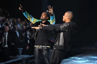 Watch the Throne - Kanye and Jay-Z moved the crowd to their feet with an explosive performance of “N---s in Paris” giving a small taste of the magic they’re making on stage during their current “Watch the Throne” tour.(Photo: Jamie McCarthy/Getty Images)
