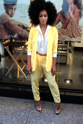Solange Knowles - The hip star gave us spring suit chic at her Carol's Daughter appearance in NYC. (Photo: Terrence Jennings/Picture Group)