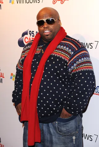 CeeLo Green - A pair of shades and a red scarf completed CeeLo’s snowflake-patterned look during ugly holiday sweater season.(Photo: Ian Gavan/Getty Images)