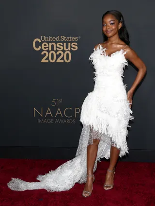 Marsai Martin&nbsp;looked magnificent in a flowing white gown by Ermanno Scervino. - (Photo by Tommaso Boddi/FilmMagic)