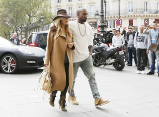 Lovely Day - New parents Kim Kardashian and Kanye West enjoy a little shopping in Paris while in town for Fashion Week.&nbsp;(Photo: Allpix / Splash News)