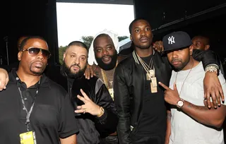 Brotherly Love - DJ Khaled, Rick Ross and Meek Mill hang out with their guests chillin' after a rewarding performance.   (Photo: Bennett Raglin/BET/Getty Images for BET)