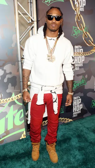 Future&nbsp; - Future rocked the carpet in a white hoody, gold chains, red pants, Timberland boots and a wrap-around shirt.&nbsp;(Photo: Bennett Raglin/BET/Getty Images for BET)