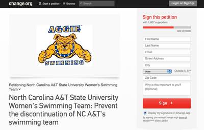 Save North Carolina A&amp;T State University Women’s Swim Team Petition - North Carolina A&amp;T State University announced last month that swimming was being cut because the team was not an official part of the Mid-Eastern Athletic Conference. Former student Jasmine Gurley launched a petition to save the team and has reached 1,442 signatures.(Photo: Courtesy of Change.org)