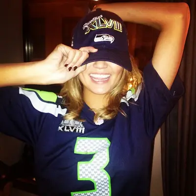 Chrissy Teigen - From game day jerseys to cool streetwear, check out how the stars rep their favorite football teams. By Britt Middleton  And speaking of game day style, swimsuit model Chrissy Teigen goes all-out in her support of the Seattle Seahawks. It looks like she took our advice for what to wear to a Super Bowl party.   (Photo: John Legend via Instagram)