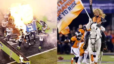 Let the Games Begin - Seattle ran onto the field first, led by a soaring hawk and with linebacker Heath Farwell carrying the 12th Man flag. Denver followed a galloping horse.(Photos: Jeff Zelevansky/Getty Images; AP Photo/Ben Margot)
