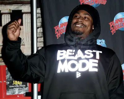 Beast Mode - NFL Player Marshawn Lynch gives a thumbs up at Planet Hollywood Times Square.(Photo: Steve Mack/Getty Images)