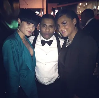 Jessie J @isthatjessiej - Nelly gets a photo op with U.K. singers Jessie J and Marsha Ambrosius at a Grammy after-party.&nbsp;(Photo: Jessie J via Instagram)
