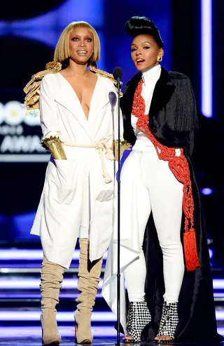 Bow Down - Erykah Badu and Janelle Monae, who collaborated on the song &quot;Q.U.E.E.N.,&quot; announce awards onstage during the 2013 Billboard Music Awards, held at the MGM Grand Garden Arena in Las Vegas. (Photo: Ethan Miller/Getty Images)