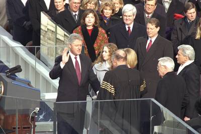 1997 – Bill Clinton’s Second Inauguration  - Rev. Gardner C. Taylor, a confidant of Martin Luther King Jr. who is widely known as the “Dean of Black Preachers,” delivered the benediction. Santita Jackson, the daughter of civil rights leader Jesse L. Jackson, sang the National Anthem. And Jessye Norman, the international opera star, sang a medley of patriotic songs.(Photo: Smithsonian Institution Archives)