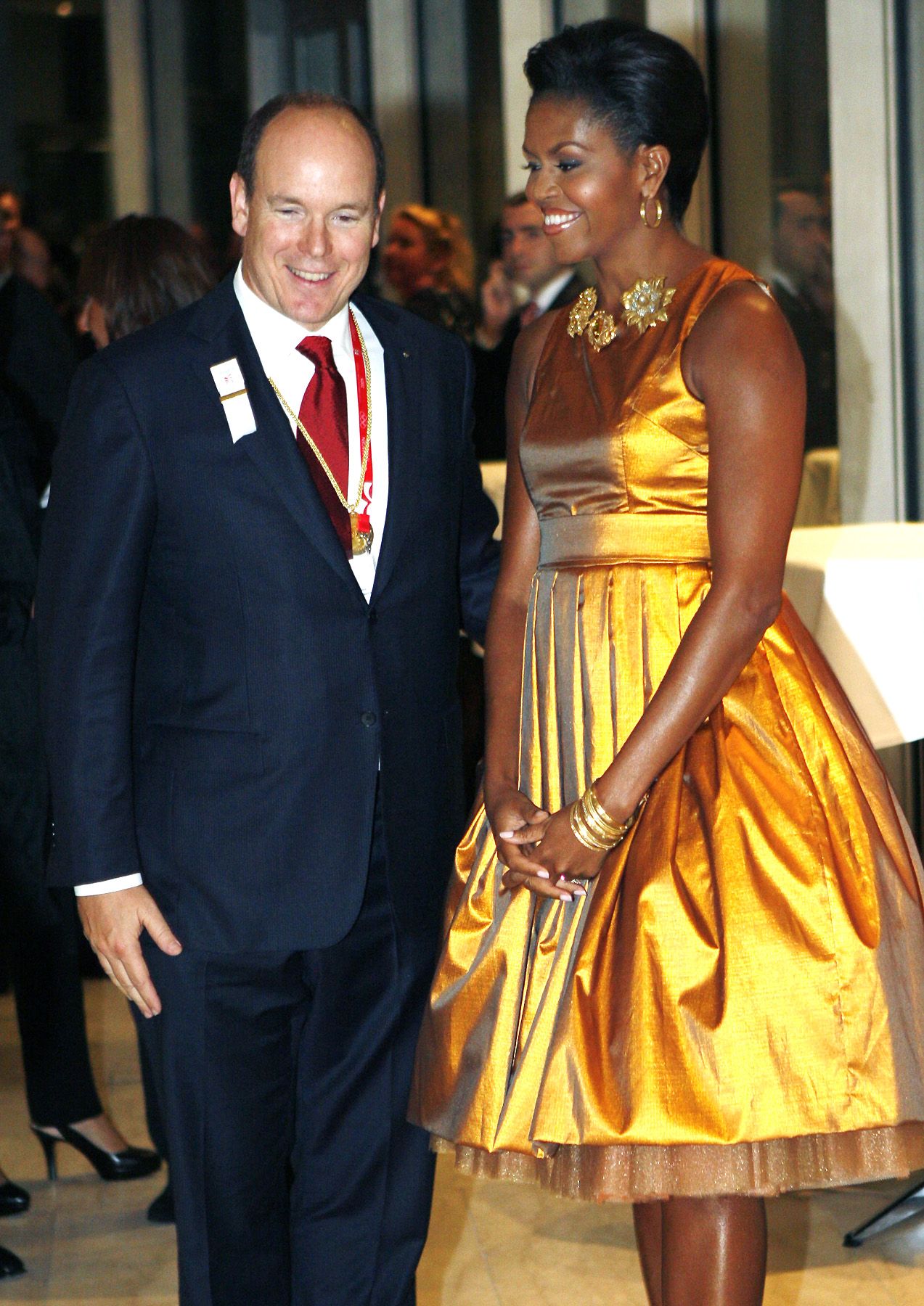 Dateline: Copenhagen, Oct. 1, 2009 - Obama talks with Prince Albert of Monaco at a reception following the opening Ceremony of the 121st International Olympic Committee Session at the Copenhagen Opera House.(Photo: Charles Dharapak-Pool/Getty Images)