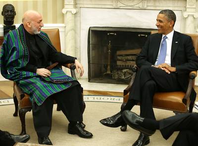 Frenemies - Obama meets with Afghan President Hamid Karzai in the Oval Office &nbsp;to discuss the continued transition in Afghanistan.  (Photo: Mark Wilson/Getty Images)