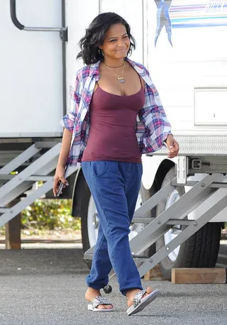 Cute and Casual - Christina Milian was spotted on the set of her show Grandfathered rocking this casual look.(Photo: Cousart/JFXimages/WENN.com)