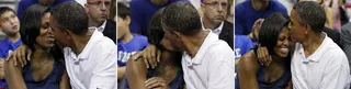 Love Is in the Air - A combo shot of the Obamas kissing at the exhibition game. Team USA won 80-69. (Photo: AP Photos/Alex Brandon)