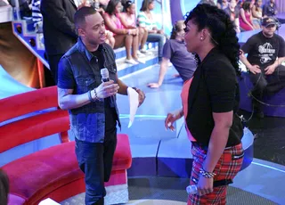 Terrence J Gives Taylor Pointers - Terrence J gives advice to guest correspondent Taylor Blayne at 106 &amp; Park, June 9, 2012. (Photo: John Ricard / BET)