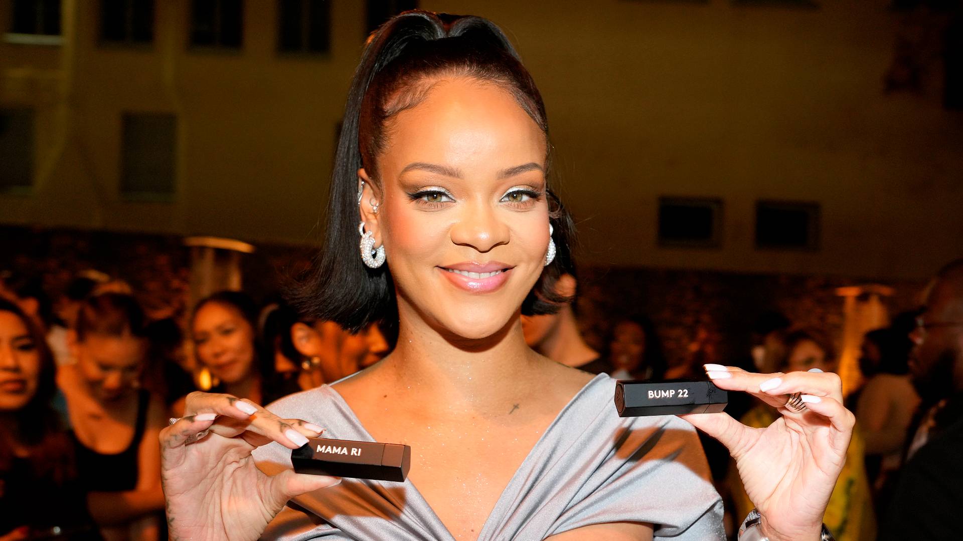 : Rihanna poses with engraved Fenty Beauty ICON Lipsticks as she celebrates the launch of Fenty Beauty at ULTA Beauty on March 12, 2022 in Los Angeles, California. 