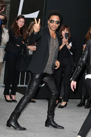 Fashion Forward - Lenny Kravitz makes a statement in a black leather get-up at the Saint Laurent show as part of the Paris Fashion Week Menswear Spring/Summer 2015 collection.  (Photo: Pierre Suu/Getty Images)