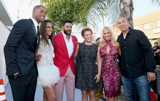 Gang’s All Here - The Game stars Jay Ellis, Wendy Raquel Robinson and Hosea Chanchez, along with Brittany Daniel and Coby Bell, get in a photo op with BET Networks Chairman and CEO Debra L. Lee.  (Photo: Mark Davis/BET/Getty Images for BET)