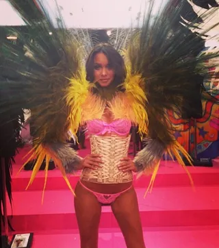 Shake Ya Tailfeather - She’s ready to take flight! Lais Ribeiro kills it in her feathered wings and woven corset. (Photo:&nbsp;Lais Ribeiro via Instagram)