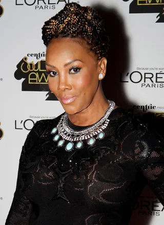 Vivica A. Fox - Vivica A. Fox goes for a hint of color with teal eye makeup and a pale pink pout. Her two-tone hair is neatly done in braided updo style.&nbsp;(Photo: Leon Bennett/BET/Getty Images for BET)