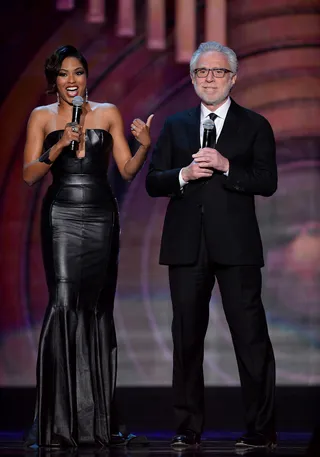 Alicia Quarles and Wolf Blitzer Deliver Good News - TV personality Alicia Quarles and news correspondent Wolf Blitzer get the audience prepared for the blue-eyed soul segment.  (Photo: Ethan Miller/BET/Getty Images for BET)