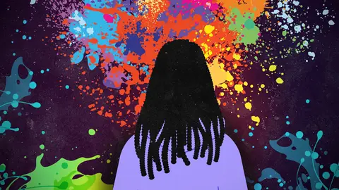 Illustration of a person looking a colorful art. 