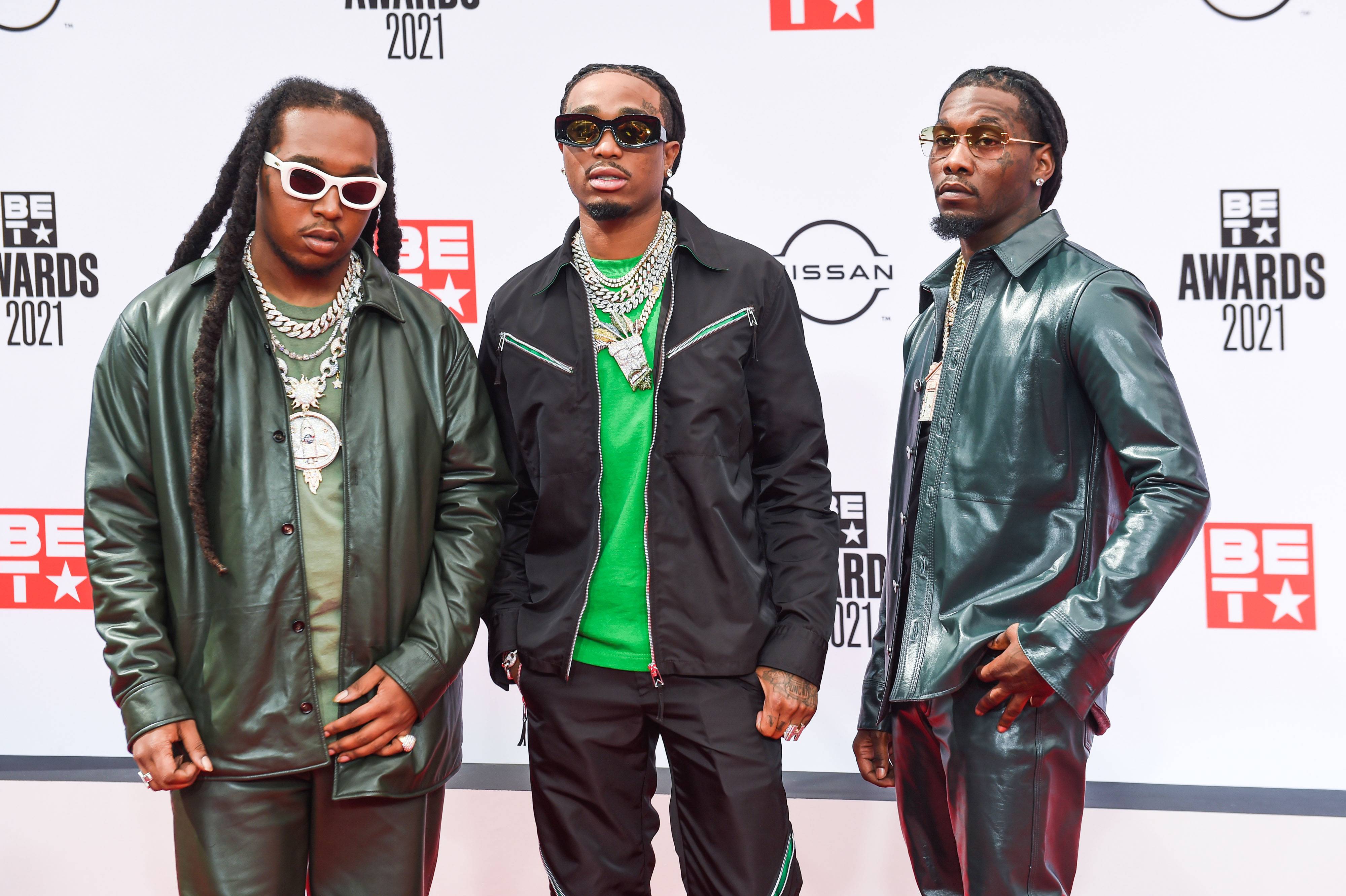 LOS ANGELES, CALIFORNIA - JUNE 27: Recording Artists (L-R) Takeoff, Quavo and Offset of Migos attend the 2021 BET Awards at the Microsoft Theater on June 27, 2021 in Los Angeles, California. (Photo by Aaron J. Thornton/Getty Images)