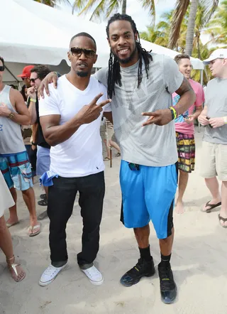 The All-Stars - Academy Award winner&nbsp;Jamie Foxx and NFL Super Bowl Champ Richard Sherman attend Chefs + Models Volleyball Tournament during the Food Network South Beach Wine &amp; Food Festival in Miami. (Photo: Michael N. Todaro/Getty Images for Food Network SoBe Wine &amp; Food Festival)