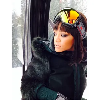 View From the Top - Rihanna surveys the scene as she rides a ski lift up the mountain.  (Photo: Rihanna via Instagram)