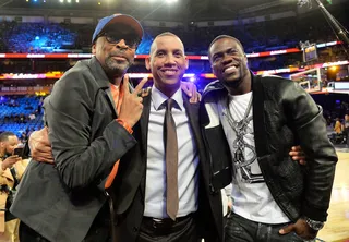 New Friends, Old Foes - One-time nemeses Spike Lee and Reggie Miller make nice to pose for a picture with Kevin Hart.   (Photo: Mike Coppola/Getty Images)