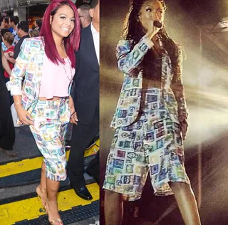 Christina Milian and Brandy - These two ladies rocked the same Topshop ensemble in the same week. But it’s Christina's pink crop top and magenta locks that take her passport-stamped two-piece up a notch.  (Photos from left: Ray Tamarra/Getty Images, Instagram via Brandy)
