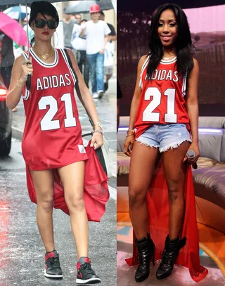 Rihanna and Sevyn Streeter - No one can compete with the Queen of tomboy chic. Rihanna steals this look. Sevyn's black booties are too heavy for the&nbsp;Jeremy Scott for Adidas tank.   (Photos from left: Splash News, John Ricard / BET)