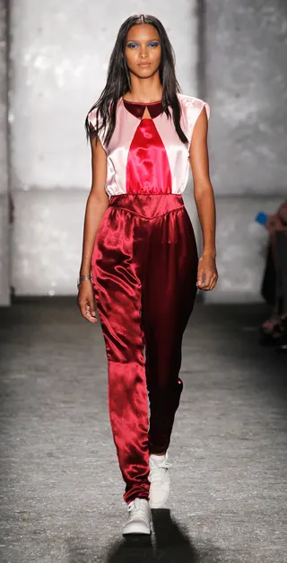 Marc by Marc Jacobs Spring 2014 - We can see this cherry-hued pantsuit looking just as fierce with a pair of strappy heels and sleek pony.  (Photo: Peter Michael Dills/Getty Images)