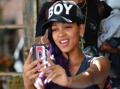 Actress Meagan Good has fun as she , her sister La'Myia and a girlfriend take some selfies and pictures of the paparazzi while out having lunch at the trendy Ivy Restaurant in Beverly Hills, Ca|x-default