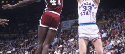 Larry Bird - Playing for Indiana State, Larry Bird led the Sycamores to the NCAA Championship game in 1979, where Bird faced off against Michigan State's Earvin “Magic” Johnson. Their friendly rivalry would follow them for many years as superstars in the NBA.&nbsp;(Photo: Focus on Sport/Getty Images)