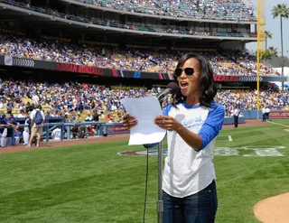 Game On - Scandal actress Kerry Washington announces the starting lineup at a baseball game between the Pittsburgh Pirates and the Los Angeles Dodgers at Dodger Stadium. (Photo: Noel Vasquez/Getty Images)