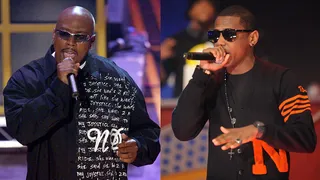 Fabolous feat. Nate Dogg, “Can't Deny It” - Fabolous recruited Tupac’s former Death Row cell mate Nate Dogg to interpolate “Ambitionz Az a Ridah” for the hook of this 2002 hit.(Photos from left: Frederick M. Brown/Getty Images, Brad Barket/PictureGroup)