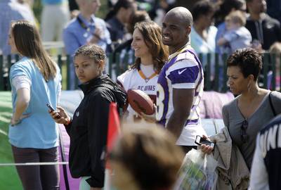 Isn't it Egg-citing? - Minnesota Vikings running back Adrian Peterson joined other athletes in the Eggtivity Zone to encourage kids to eat healthy and be active.(Photo: REUTERS/Jonathan Ernst)