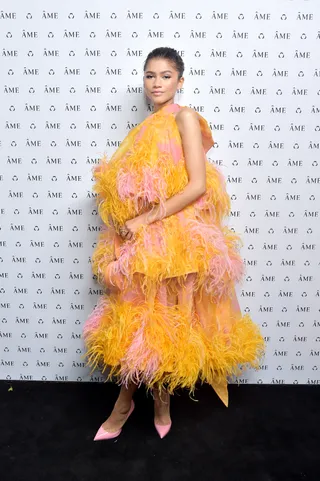 In Full Bloom - Zendaya attended the Áme Jewlery launch event wearing a pink and marigold fringe, flowing&nbsp;Marc Jacobs&nbsp;Spring 2019 RTW gown paired with hot pink&nbsp;Louboutin&nbsp;pumps. (Photo: Stefanie Keenan/Getty Images for Áme Jewelry)