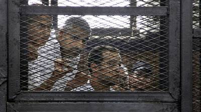 White House Condemns Egypt Sentencing Reporters - Egypt sentenced three Al-Jazeera journalists to a seven-year prison sentence for supporting the Muslim brotherhood opposition to a new government in Cairo. The White House is strongly opposing the ruling and calls for their release.&nbsp; (Photo: AP Photo/Heba Elkholy, El Shorouk Newspaper)&nbsp;