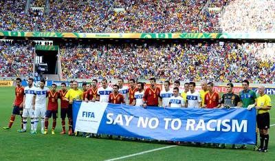 FIFA Urged to Show Leadership on Discrimination - Fare, an organization that monitors discrimination at soccer matches, is putting pressure on FIFA to show more leadership in cracking down on racism and homophobia incidents at events. This comes after Mexican fans chanted an alleged gay slur and FIFA concluded it was not offensive.&nbsp;(Photo: Claudio Villa/Getty Images)
